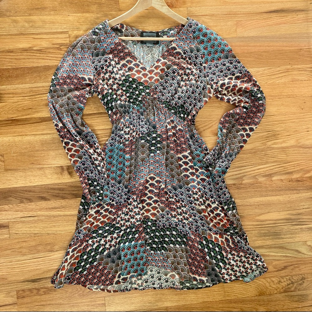 Maeve (Anthropologie) Tiered V-Neck Tunic Dress Boho Mixed Prints Size L